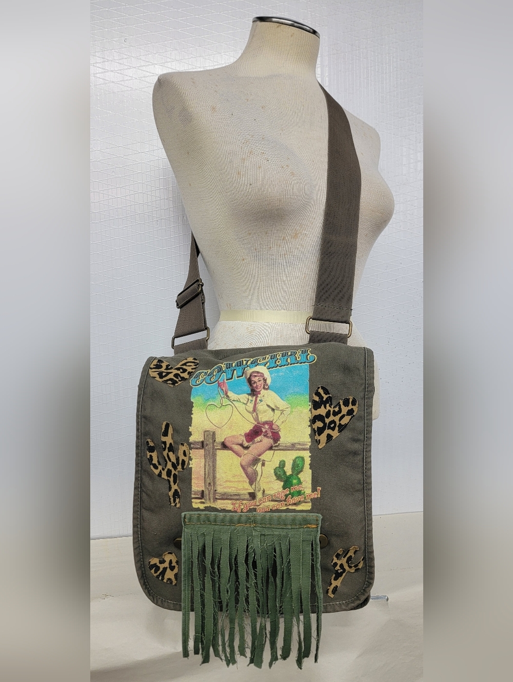 Upcycled Vintage Canvas Crossbody Shoulder Bag Vintage Cowgirl